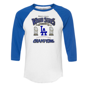 Los Angeles Dodgers Chelsea Freeman Back to Back World Series Champs Royal Blue 3/4 Sleeve Raglan