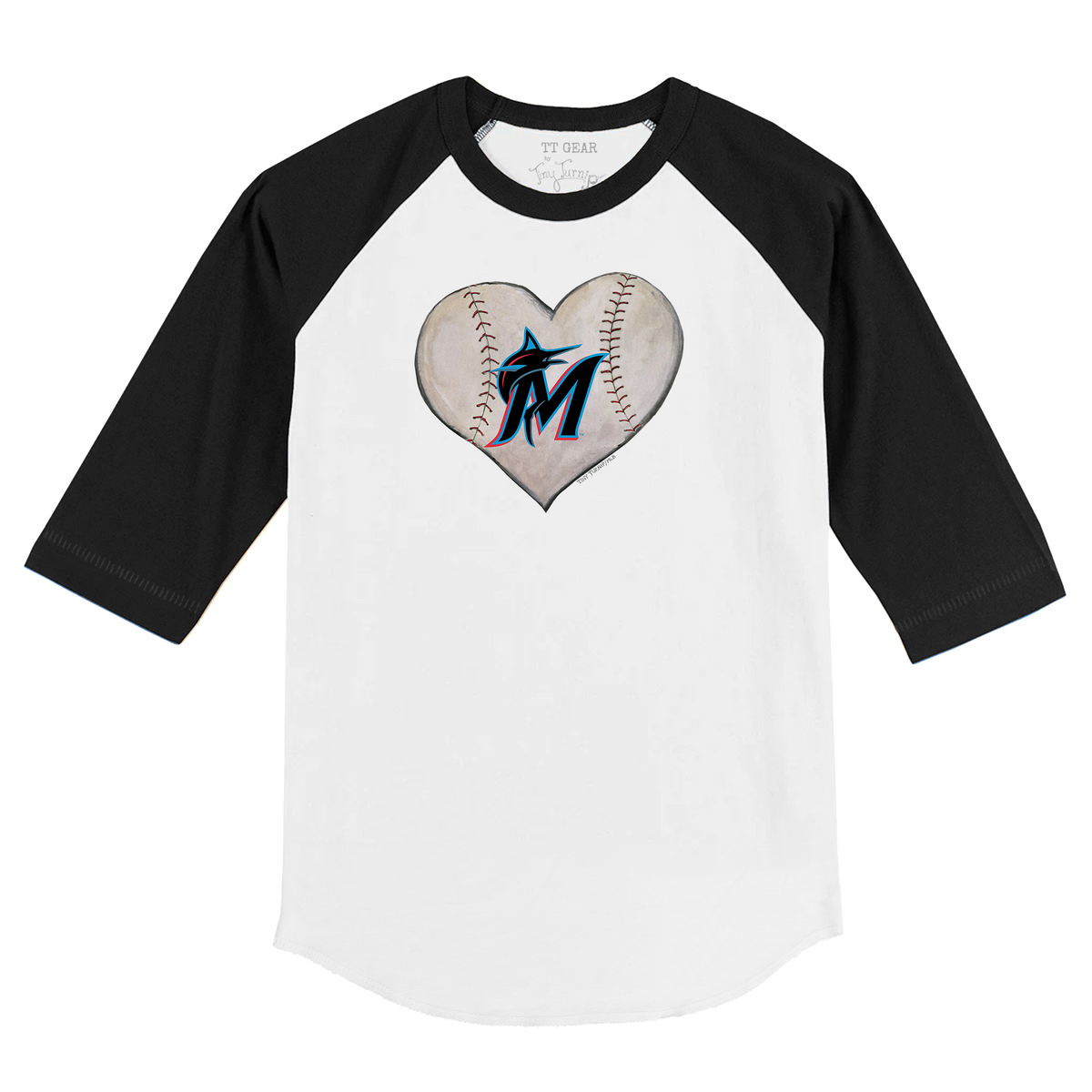 Miami Marlins Stitched Heart 3/4 Black Sleeve Raglan - Tiny Turnip
