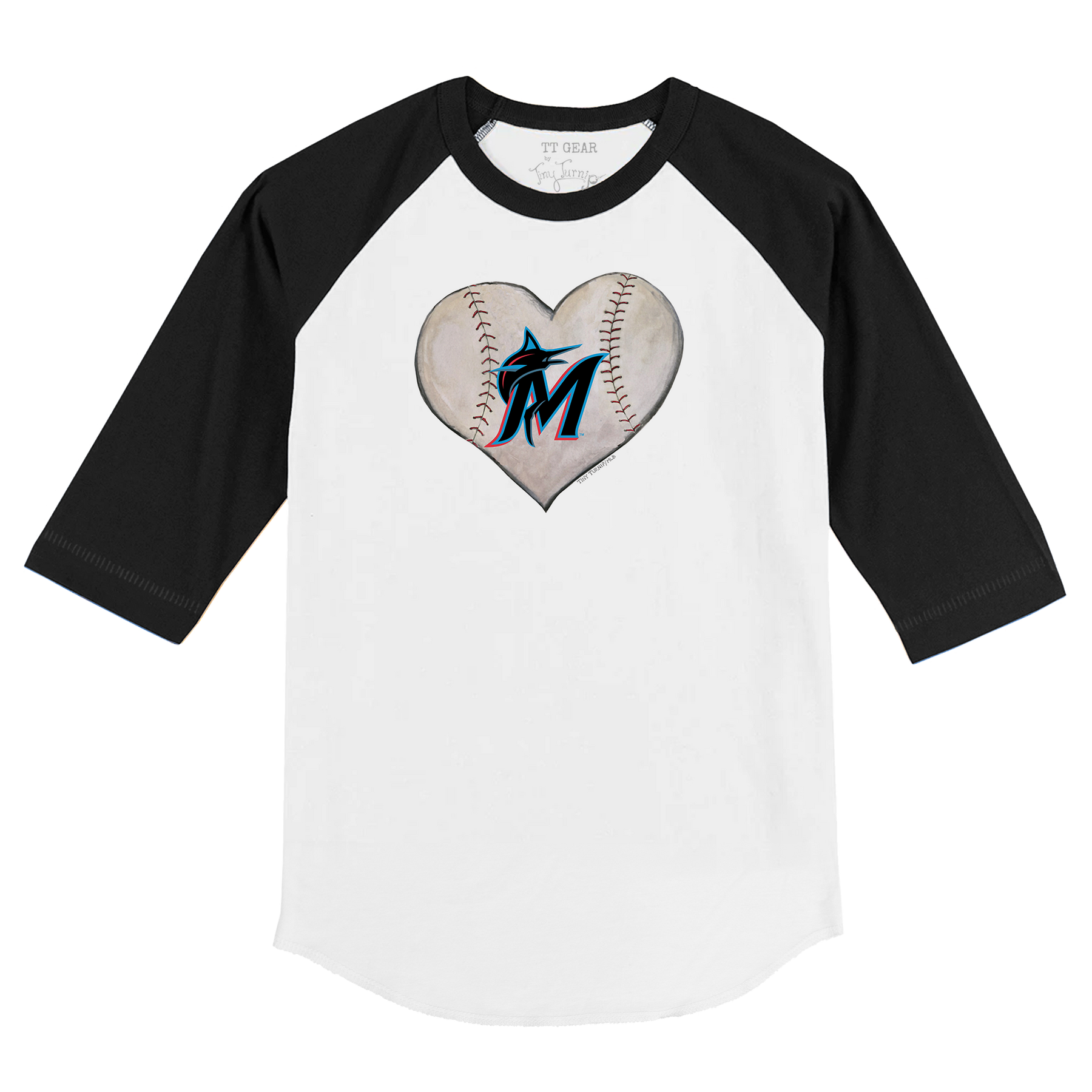 Miami Marlins Stitched Heart 3/4 Black Sleeve Raglan - Tiny Turnip