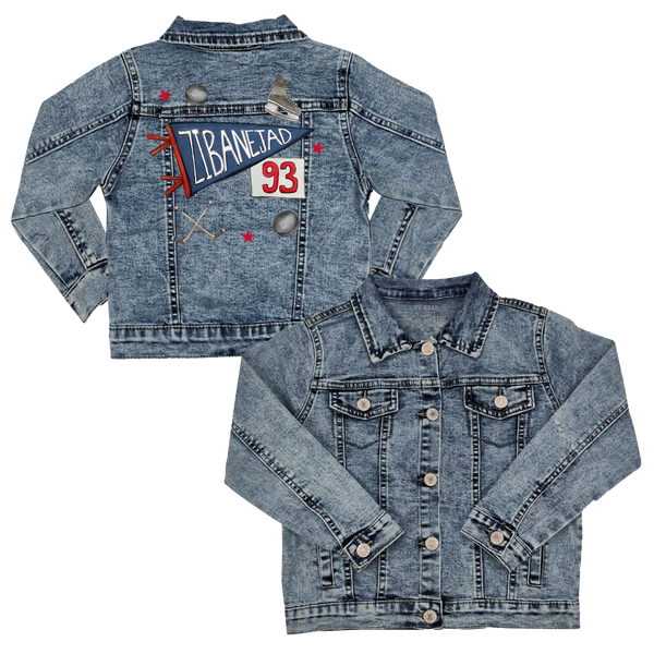VIP NHL Pennant Collage w/ Name, Number - Kid's Denim Jacket - Tiny Turnip