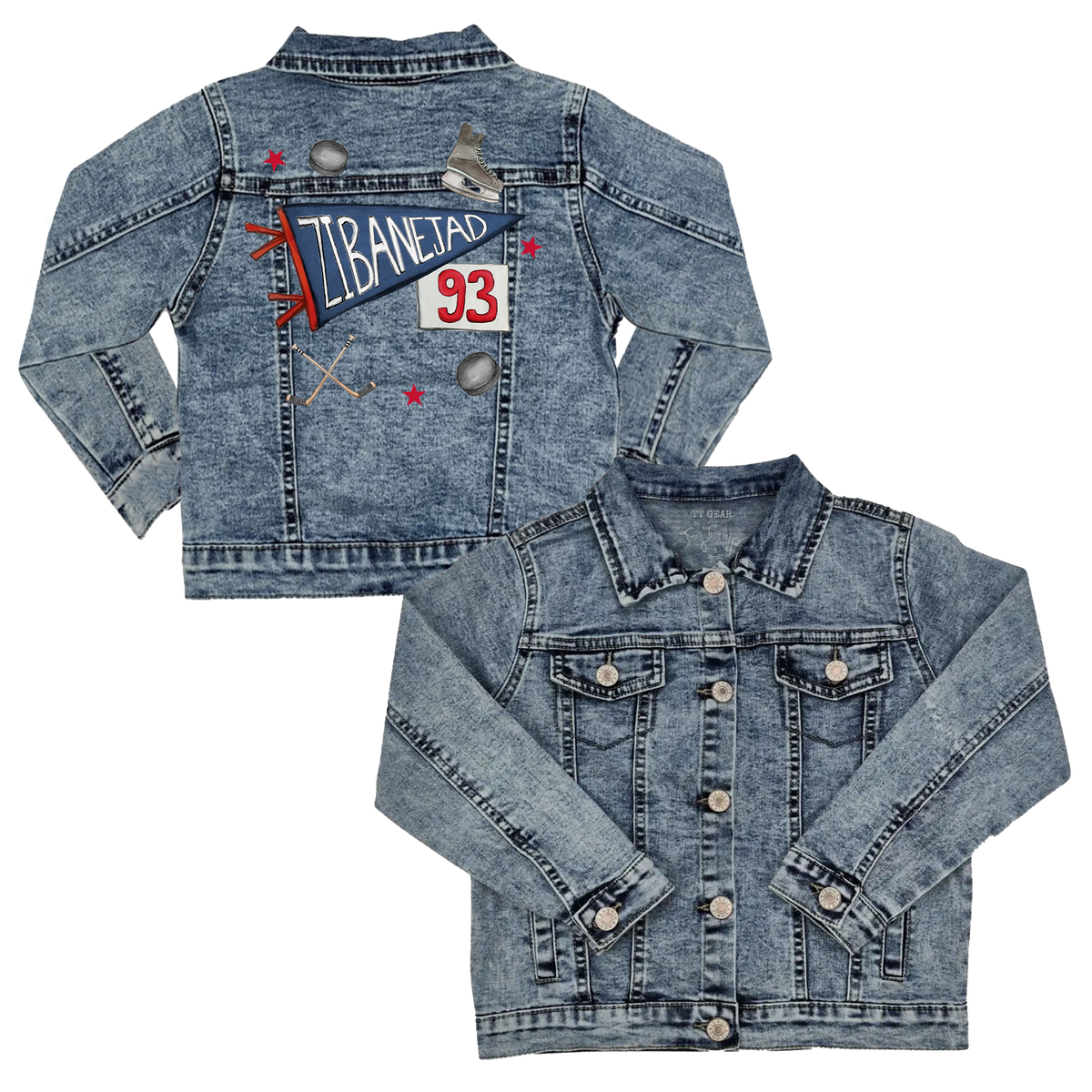 VIP NHL Pennant Collage w/ Name, Number - Kid's Denim Jacket - Tiny Turnip