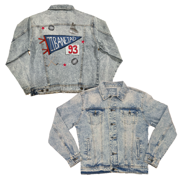 VIP NHL Pennant Collage w/ Name, Number - Boyfriend Denim Jacket - Tiny Turnip