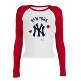 New York Yankees Faux Embroidery Patch Roxy Raglan Long Sleeve