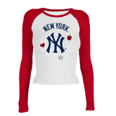 New York Yankees Faux Embroidery Patch Roxy Raglan Long Sleeve