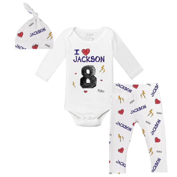 VIP I Heart Player w/ Name, Number - Long Sleeve Snapper Layette Set - Tiny Turnip