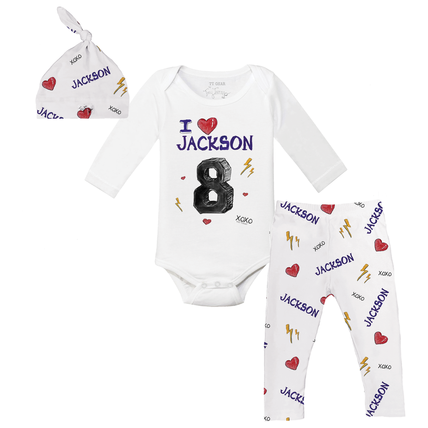 VIP I Heart Player w/ Name, Number - Long Sleeve Snapper Layette Set - Tiny Turnip