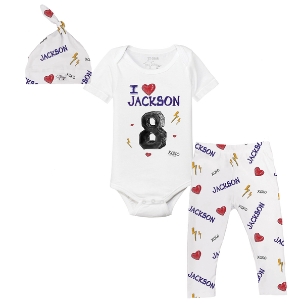 VIP Football: I Heart Player w/ Name, Number - Short Sleeve Snapper Layette Set - Tiny Turnip