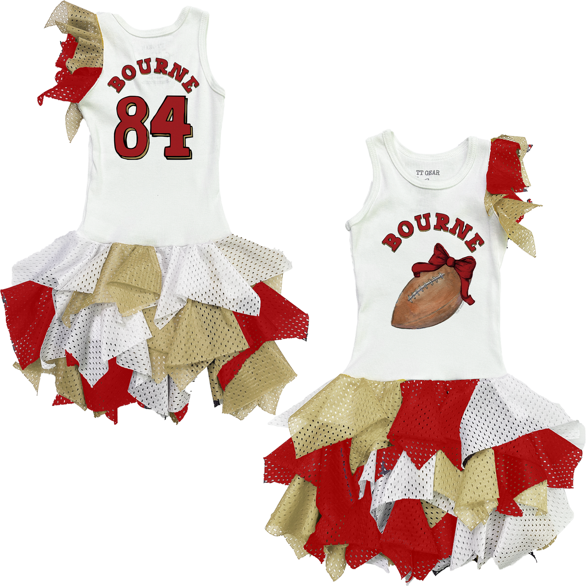 VIP Football: Football Bow w/ Name - Falling Mesh Dress - Tiny Turnip