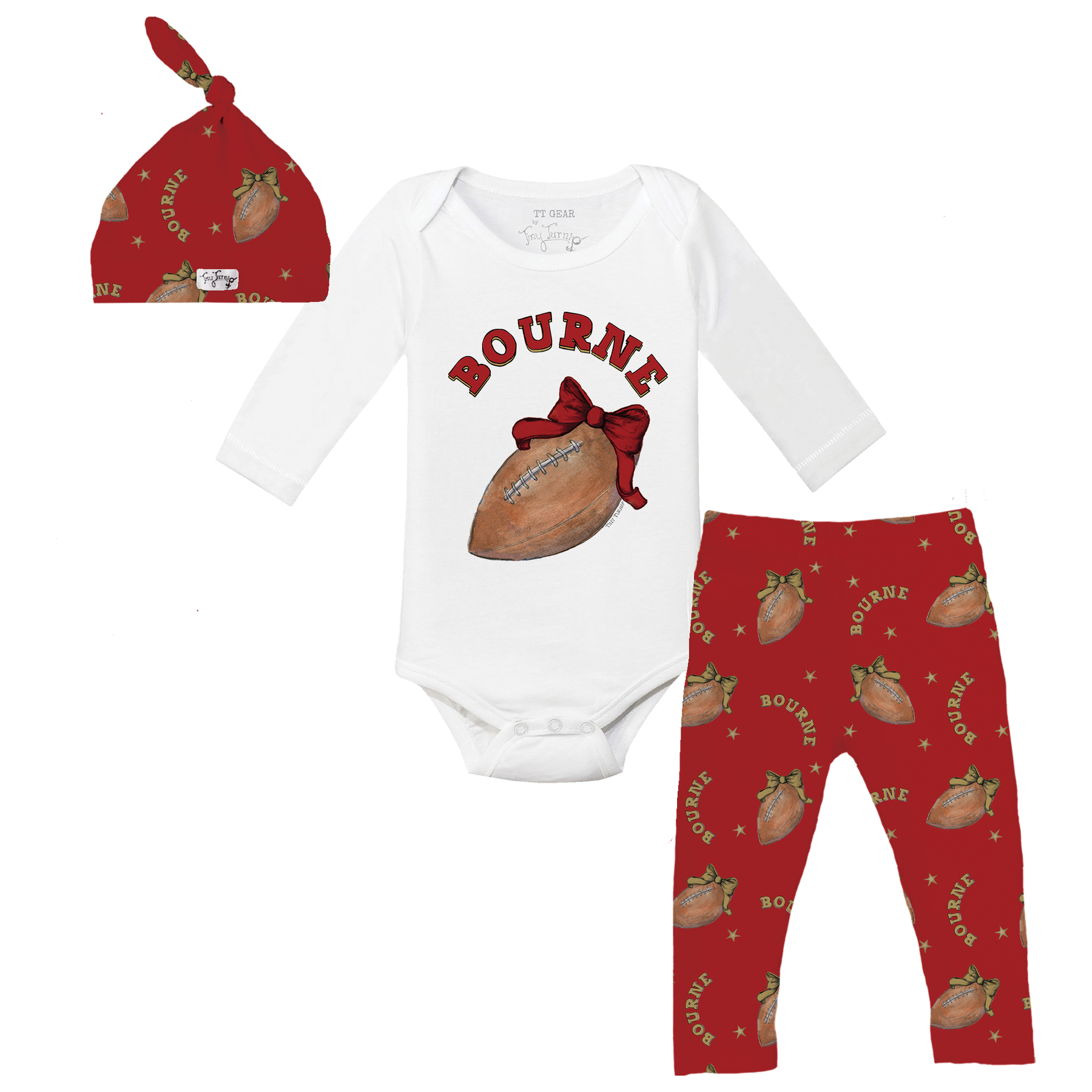 VIP Football: Football Bow w/ Name - Long Sleeve Snapper Layette Set - Tiny Turnip