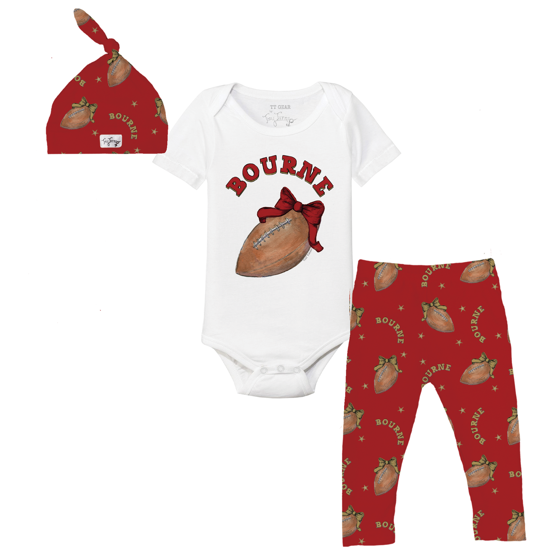 VIP Football: Football Bow w/ Name - Short Sleeve Snapper Layette Set - Tiny Turnip