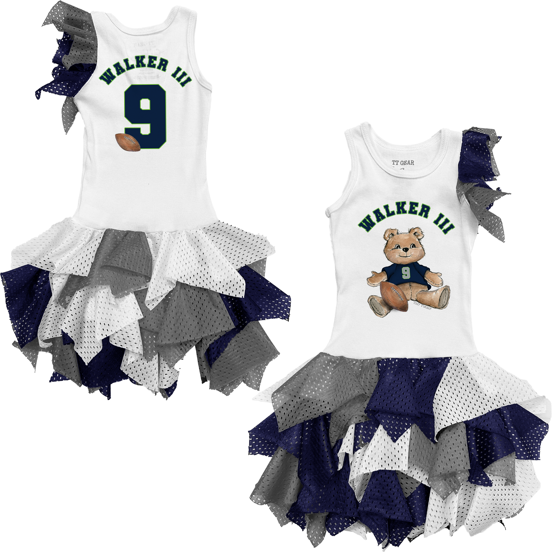 VIP Football: Teddy w/ Name, Number - Falling Mesh Dress - Tiny Turnip