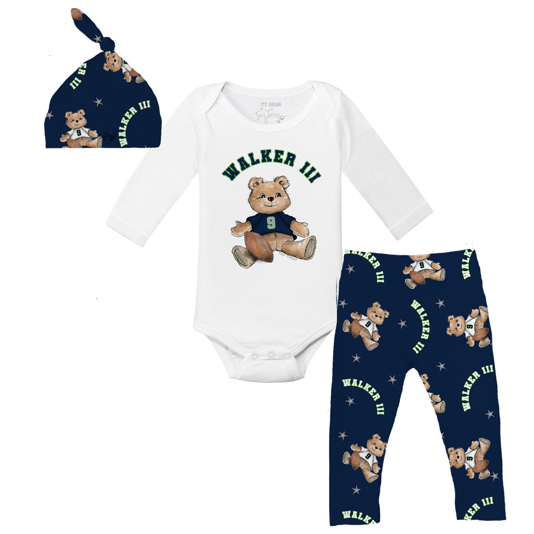 VIP Football: Teddy w/ Name, Number - Long Sleeve Snapper Layette Set - Tiny Turnip