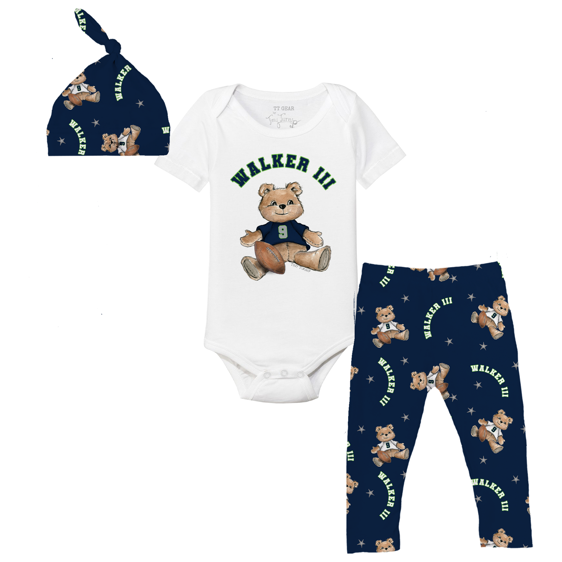 VIP Football: Teddy w/ Name, Number - Short Sleeve Snapper Layette Set - Tiny Turnip
