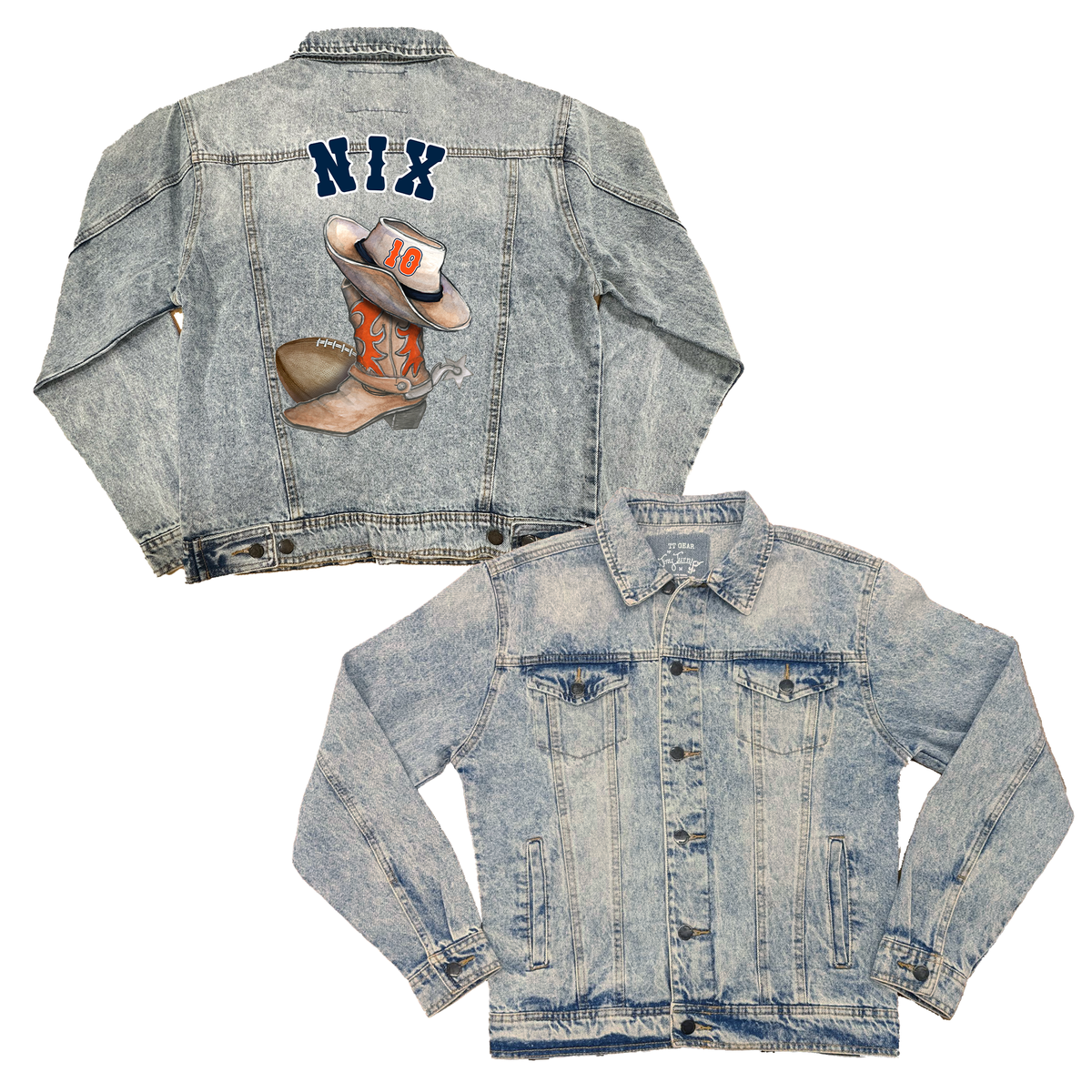 VIP Football: Cowboy Boot w/ Name, Number - Boyfriend Denim Jacket