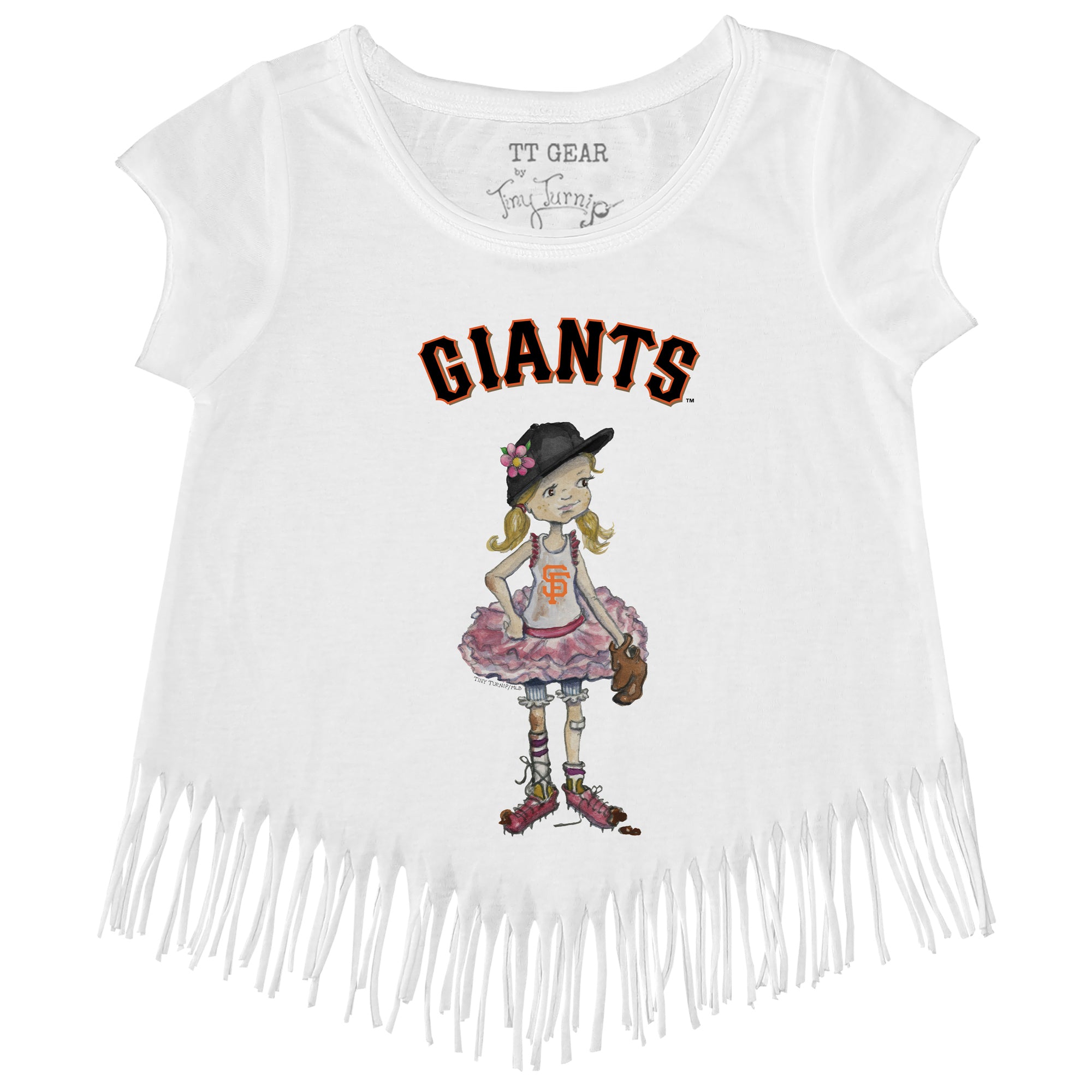 Tiny Turnip San Francisco Giants Girls Toddler Black Baseball Bow Fringe T- Shirt