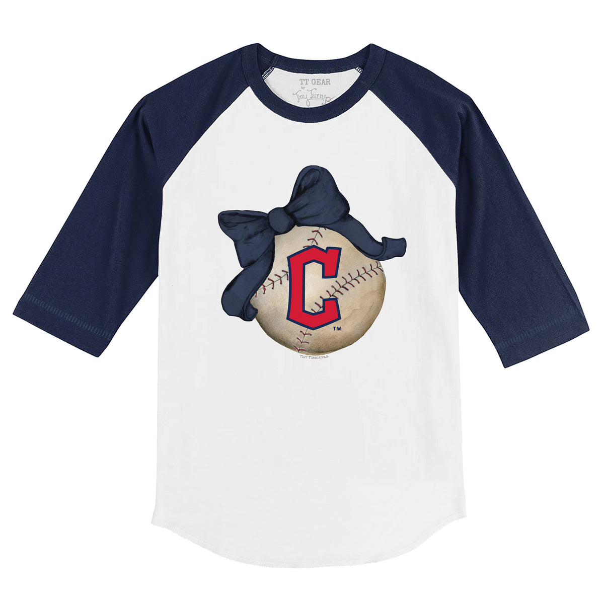 TinyTurnip Cleveland Guardians Baseball Bow 3/4 Navy Blue Sleeve Raglan Youth Large (10-12)