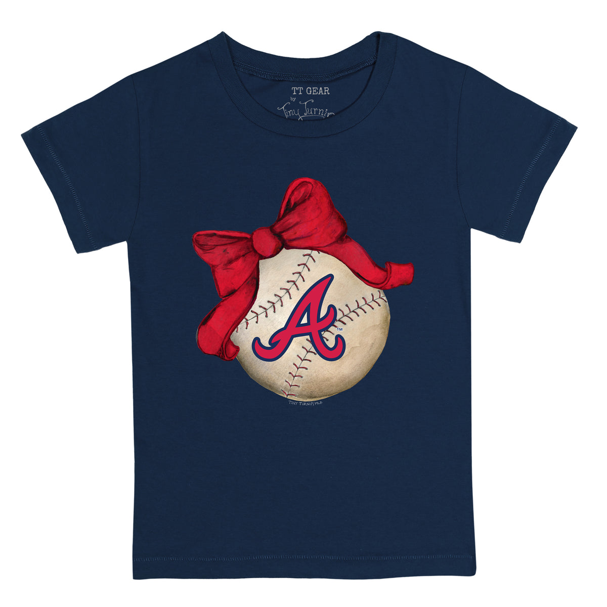 Girls Toddler Tiny Turnip Navy Atlanta Braves Baseball Bow Fringe T-Shirt Size:3T