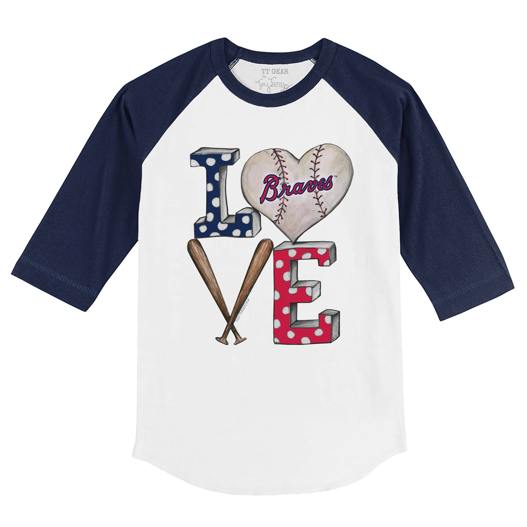 Women's Tiny Turnip White/Navy Atlanta Braves Baseball Bow 3/4-Sleeve Raglan T-Shirt Size: Extra Small