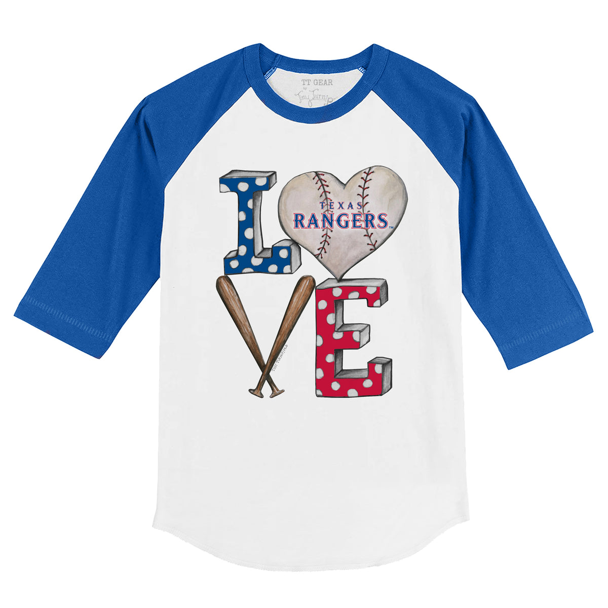 Texas Rangers Baseball LOVE 3/4 Royal Blue Sleeve Raglan