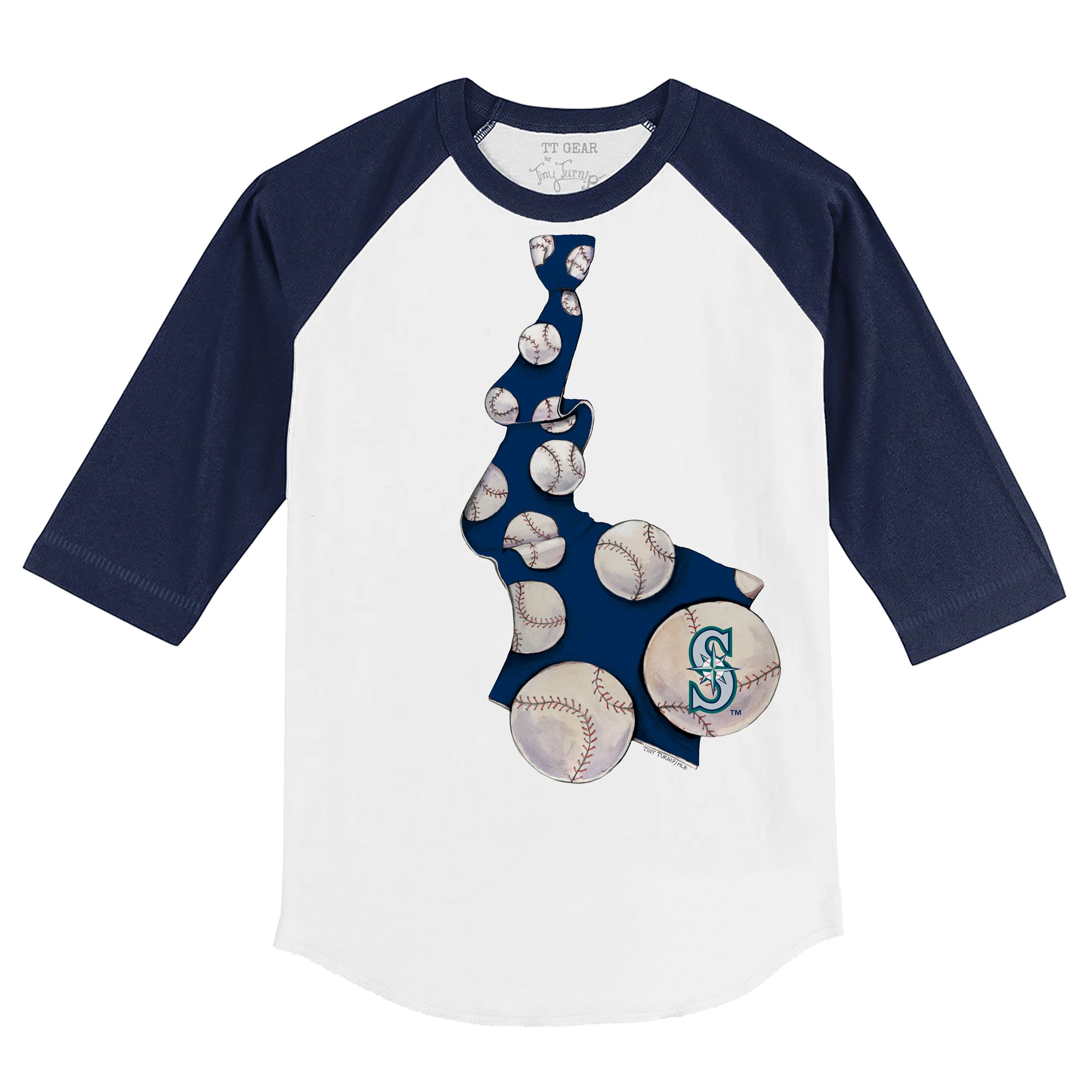Women's Tiny Turnip White/Navy Seattle Mariners Baseball Love Raglan 3/4-Sleeve T-Shirt