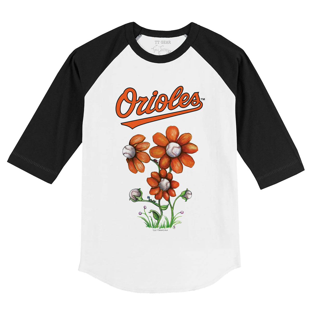 TinyTurnip Baltimore Orioles Blooming Baseballs 3/4 Black Sleeve Raglan Youth XL (14)