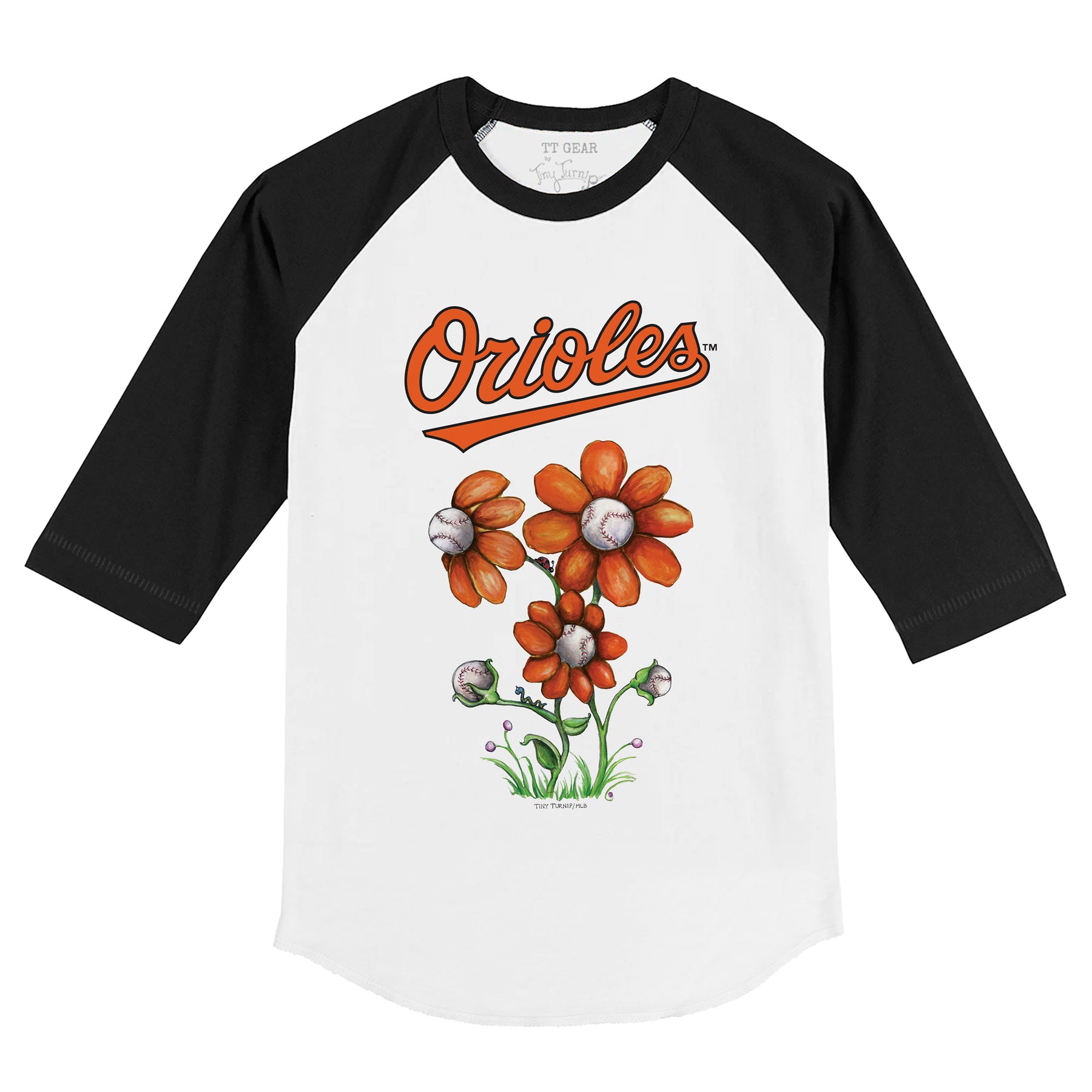 Baltimore Orioles Blooming Baseballs 3/4 Black Sleeve Raglan