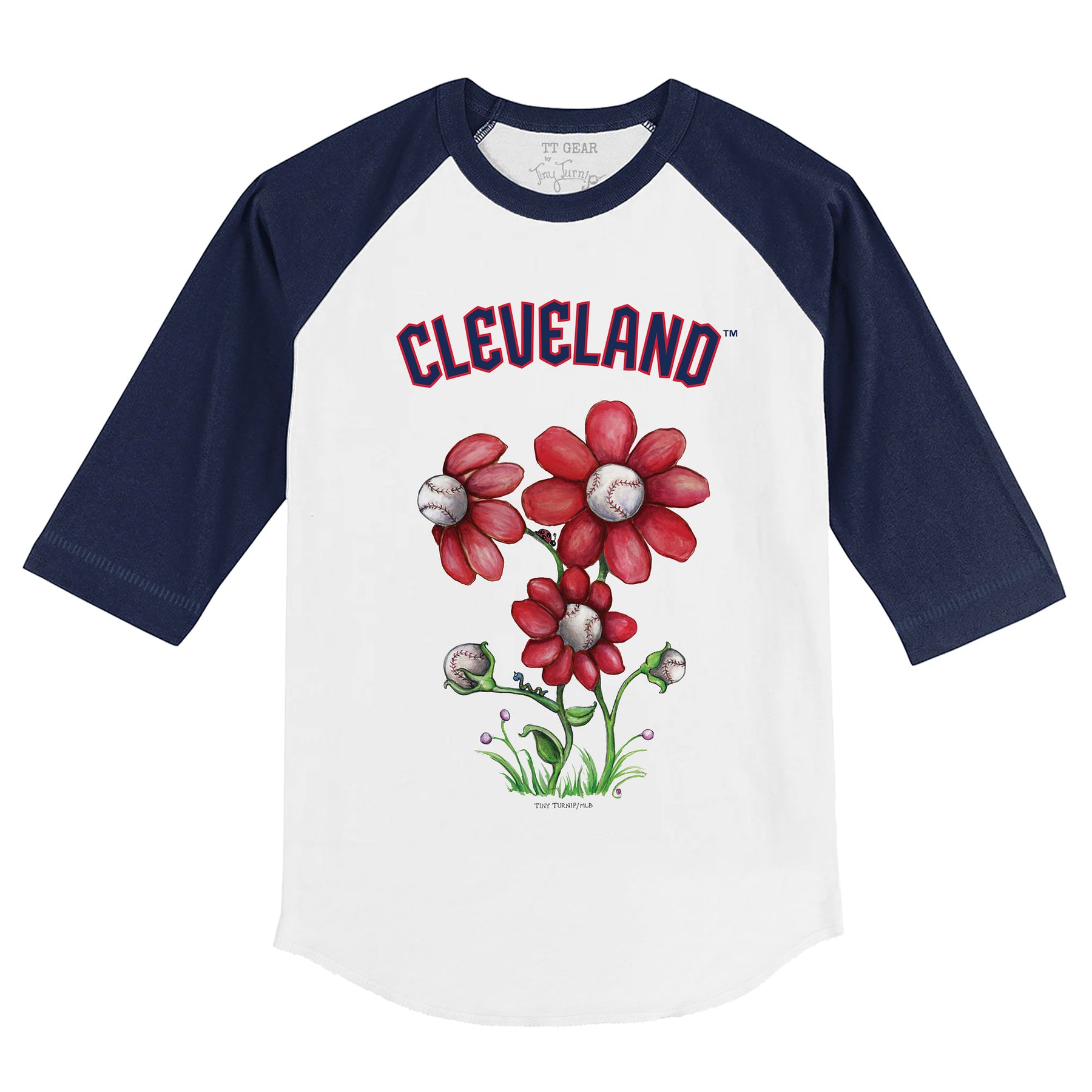 Cleveland Guardians Blooming Baseballs 3/4 Navy Blue Sleeve Raglan