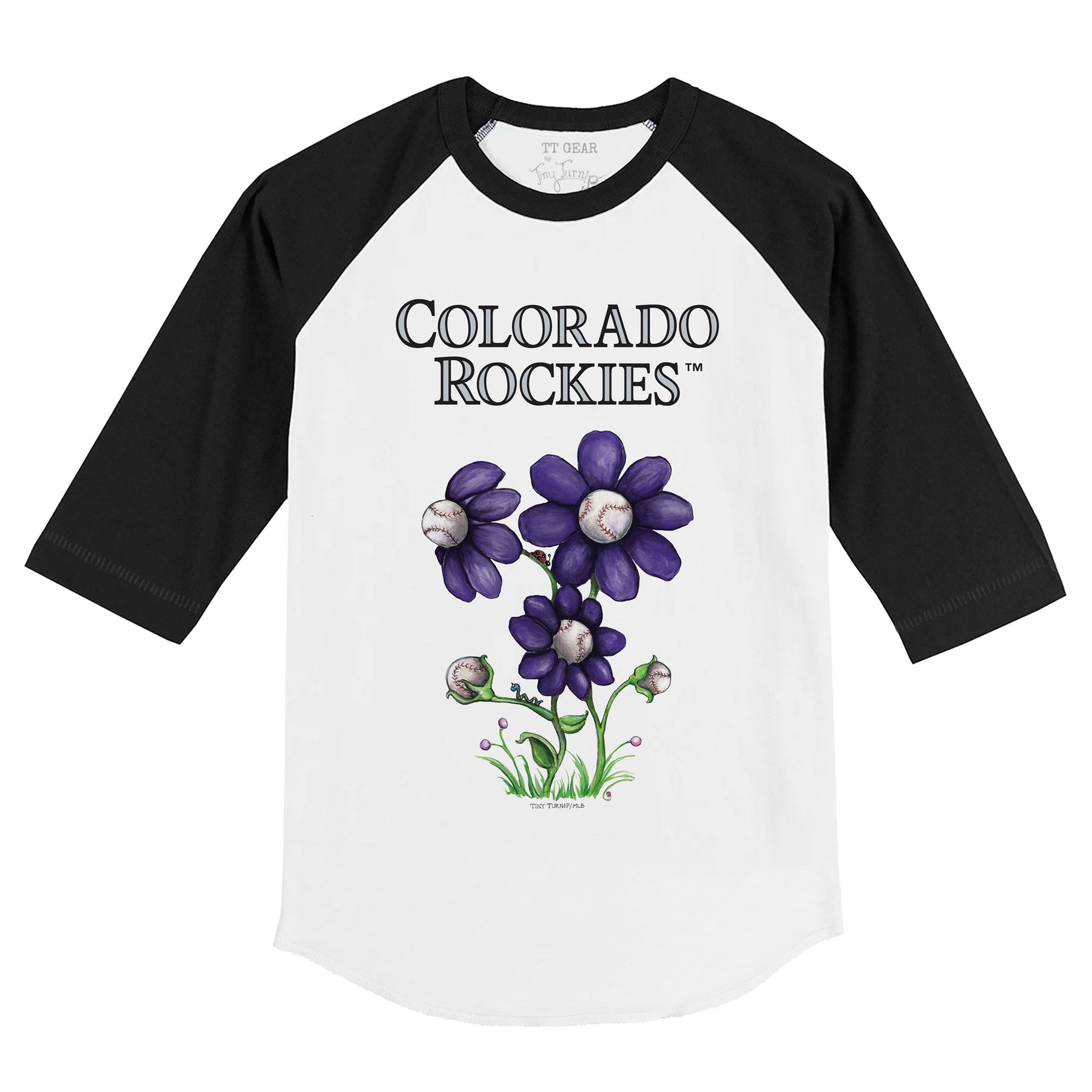Colorado Rockies Blooming Baseballs 3/4 Black Sleeve Raglan