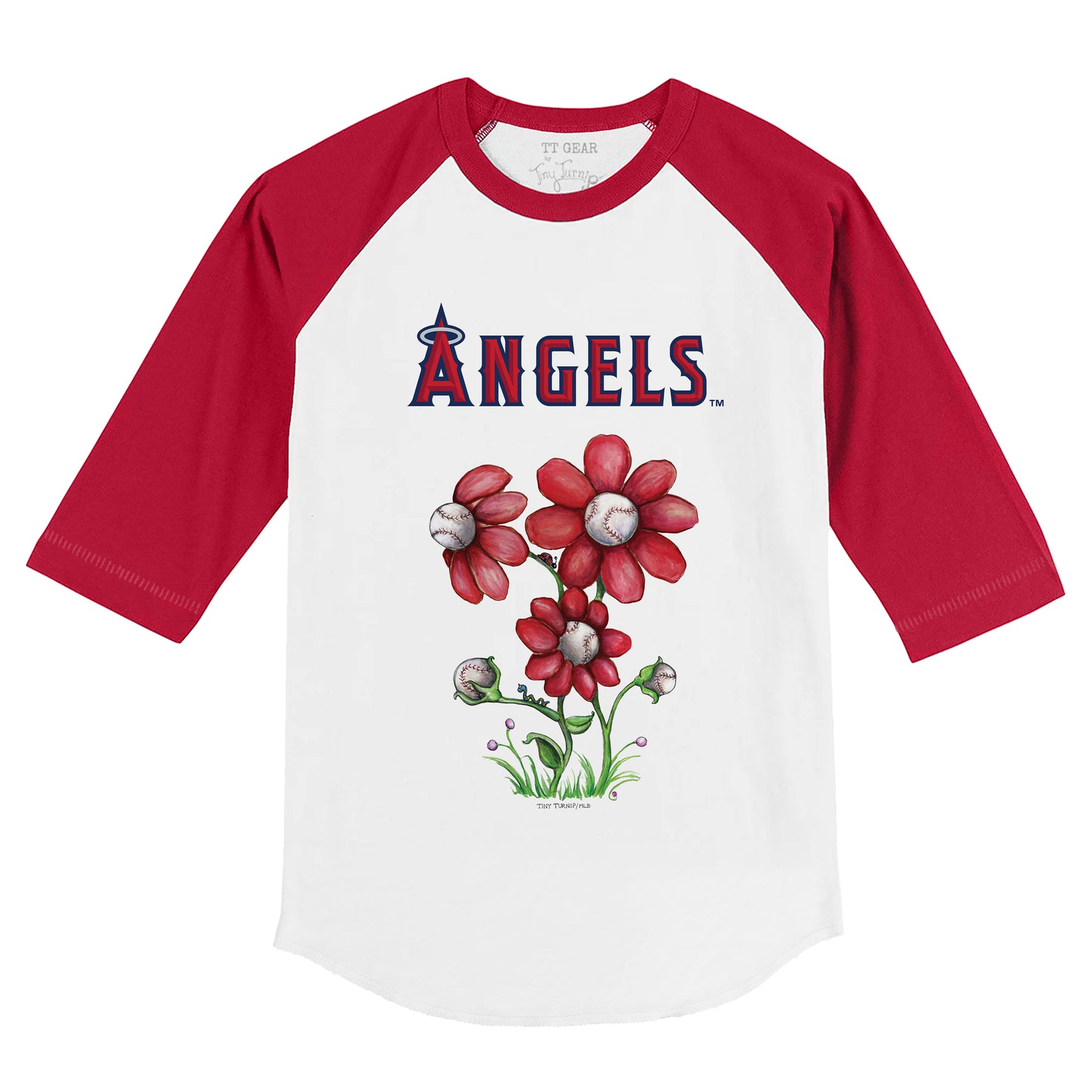 Los Angeles Angels Blooming Baseballs 3/4 Red Sleeve Raglan