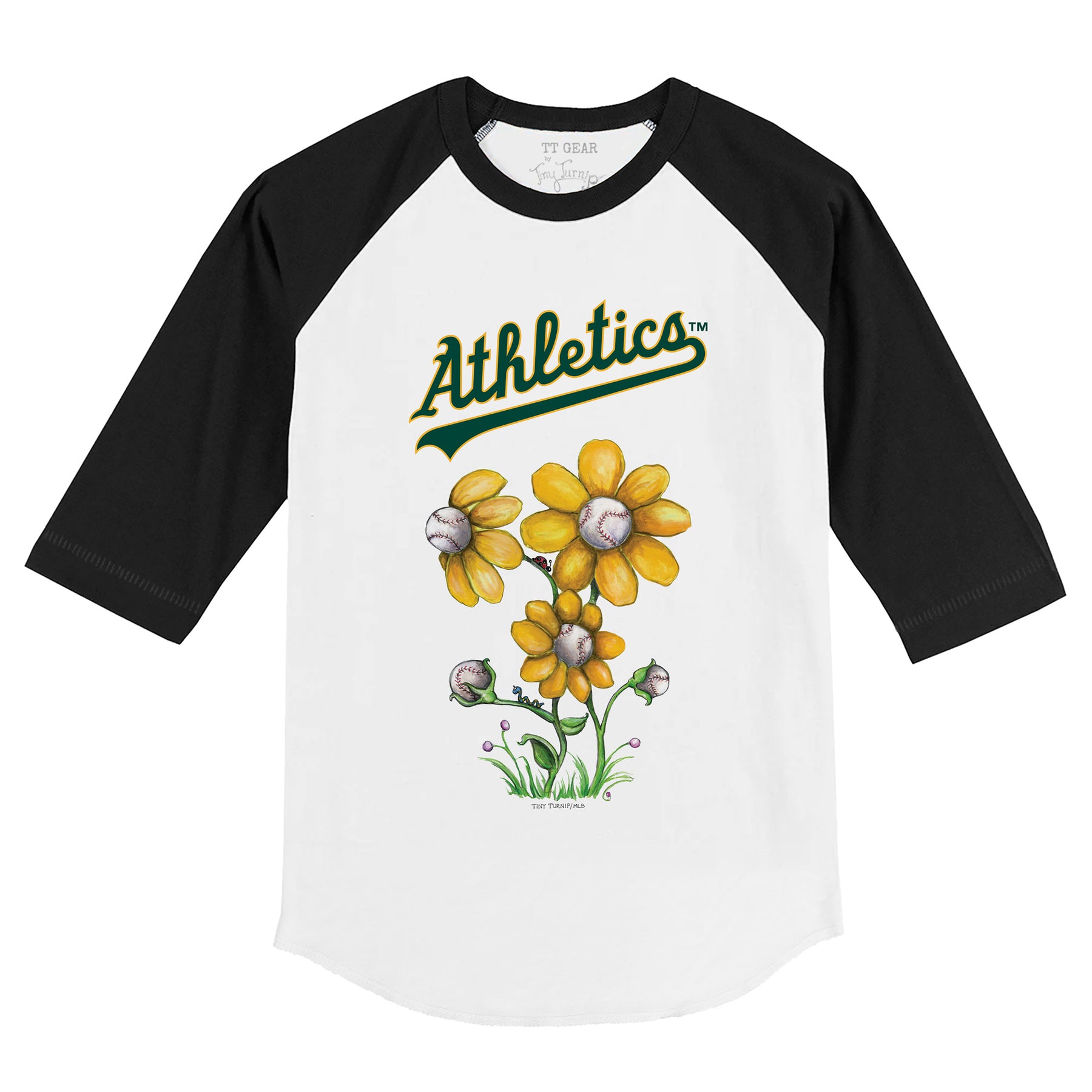 Oakland Athletics Blooming Baseballs 3/4 Black Sleeve Raglan Unisex 2XL