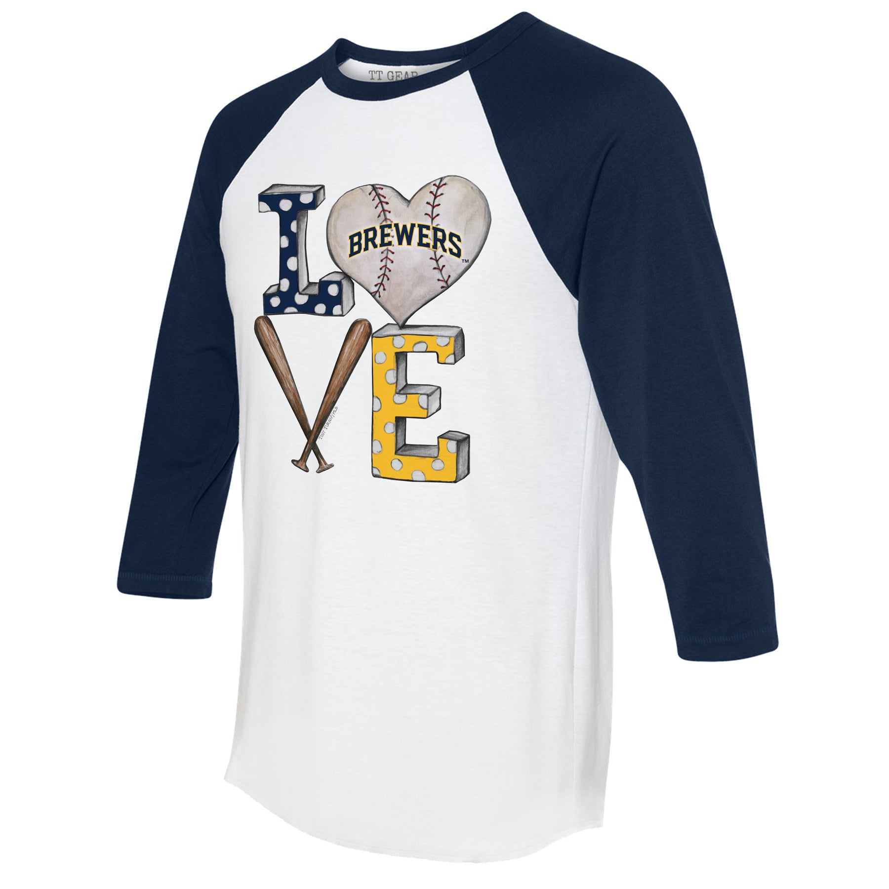 Milwaukee Brewers Baseball LOVE 3/4 Navy Blue Sleeve Raglan