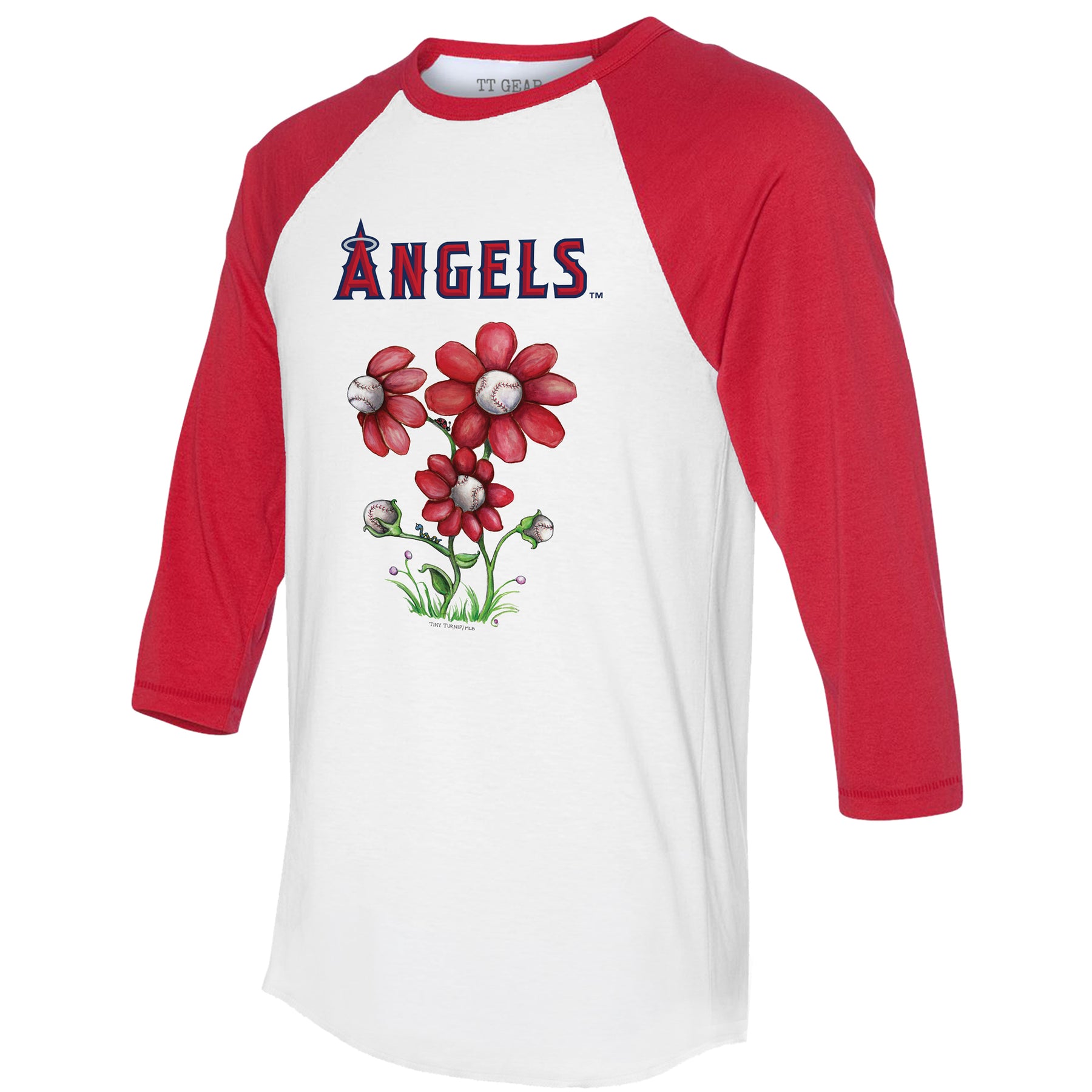 Los Angeles Angels Blooming Baseballs 3/4 Red Sleeve Raglan