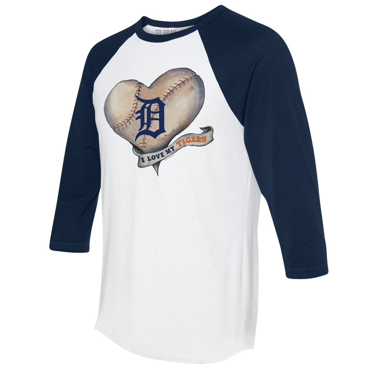 Detroit Tigers Baseball Heart Banner 3/4 Navy Blue Sleeve Raglan