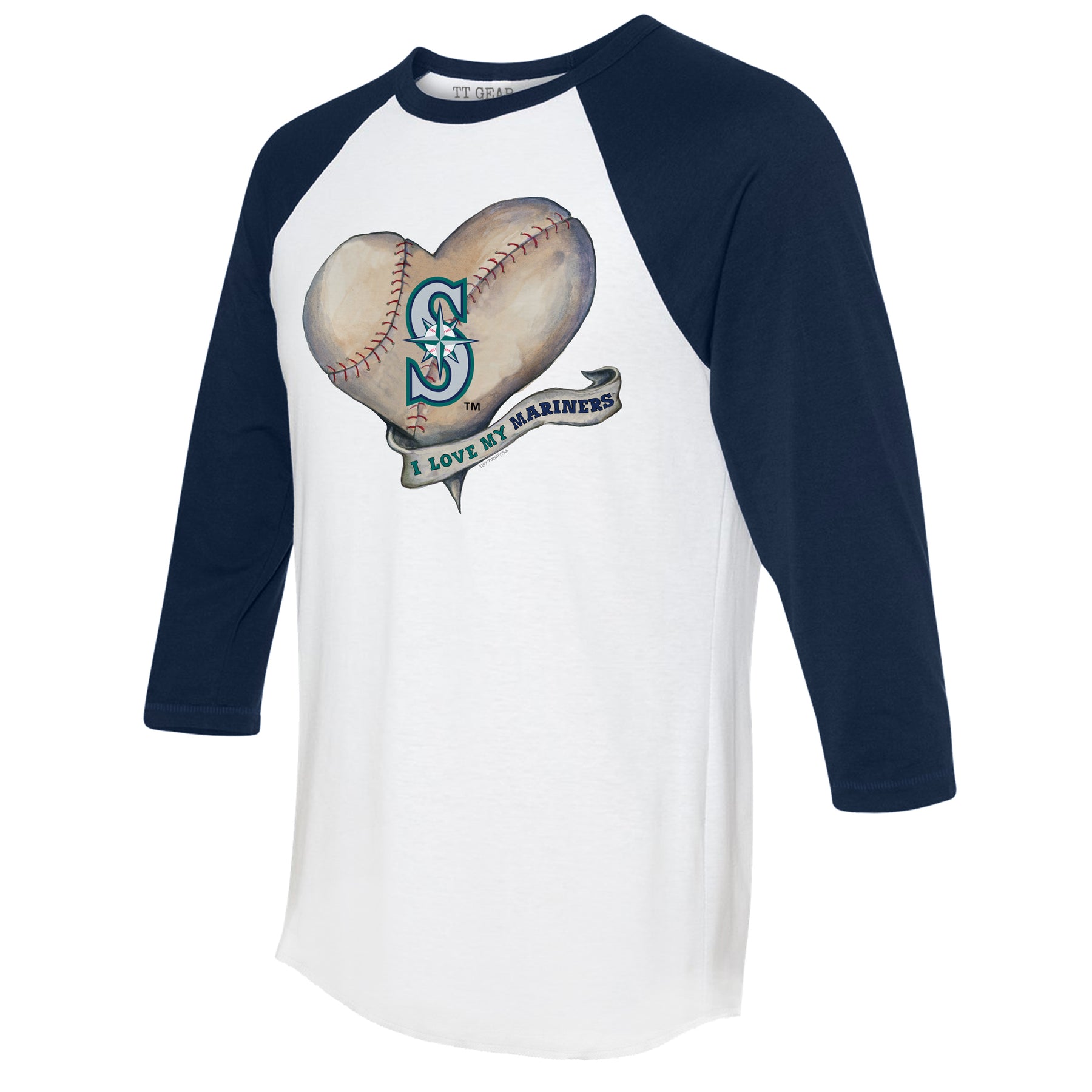Youth Tiny Turnip White/Navy Seattle Mariners Baseball Love 3/4-Sleeve Raglan T-Shirt Size: Extra Large