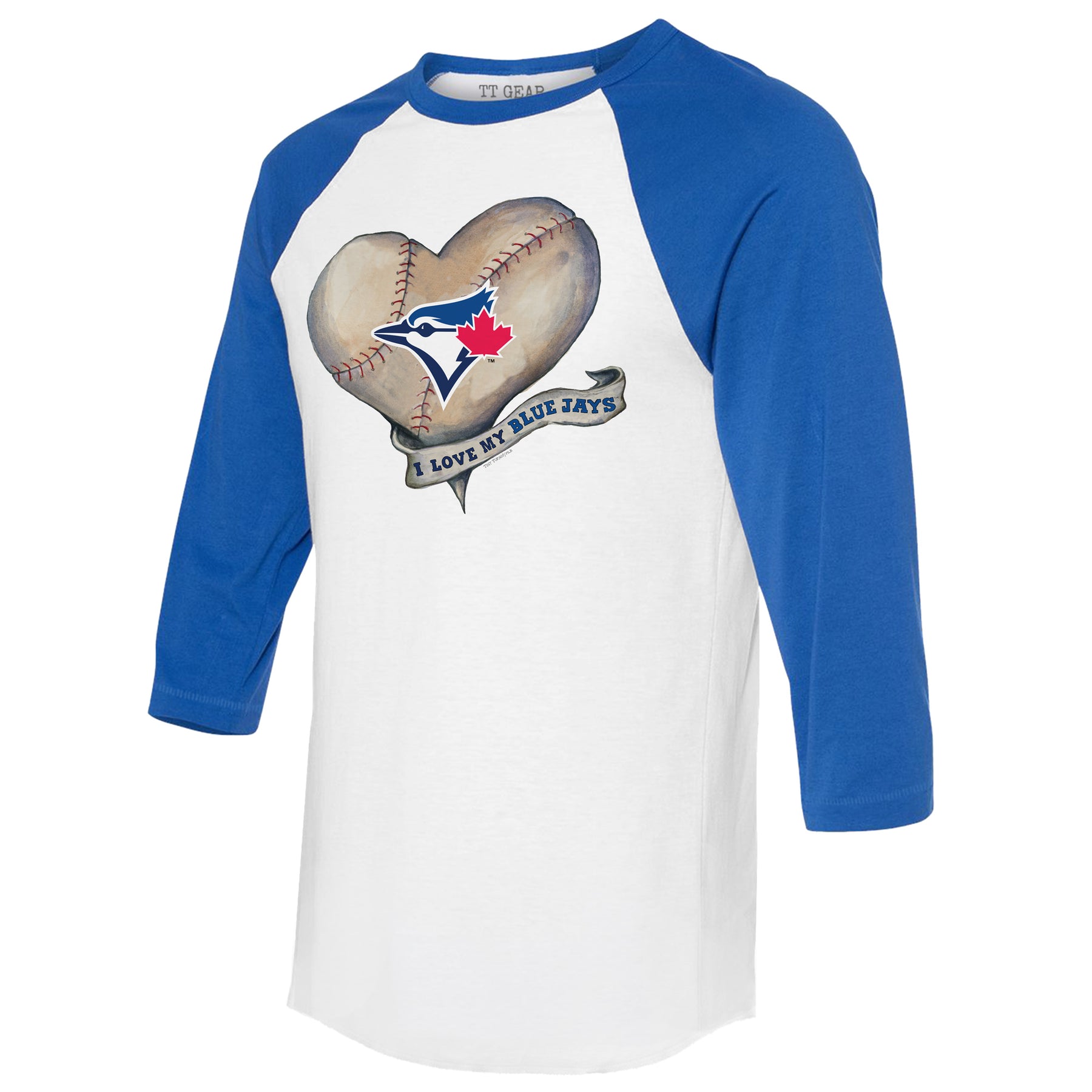 TinyTurnip Toronto Blue Jays Baseball Heart Banner 3/4 Royal Blue Sleeve Raglan Youth Medium (8-10)