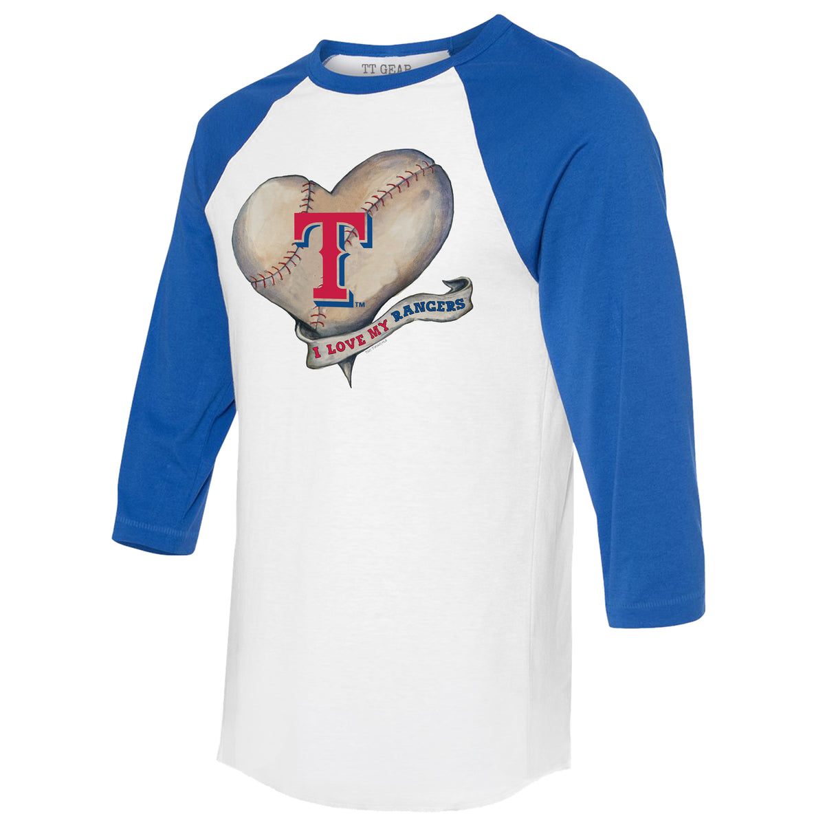 Texas Rangers Baseball Heart Banner 3/4 Royal Blue Sleeve Raglan
