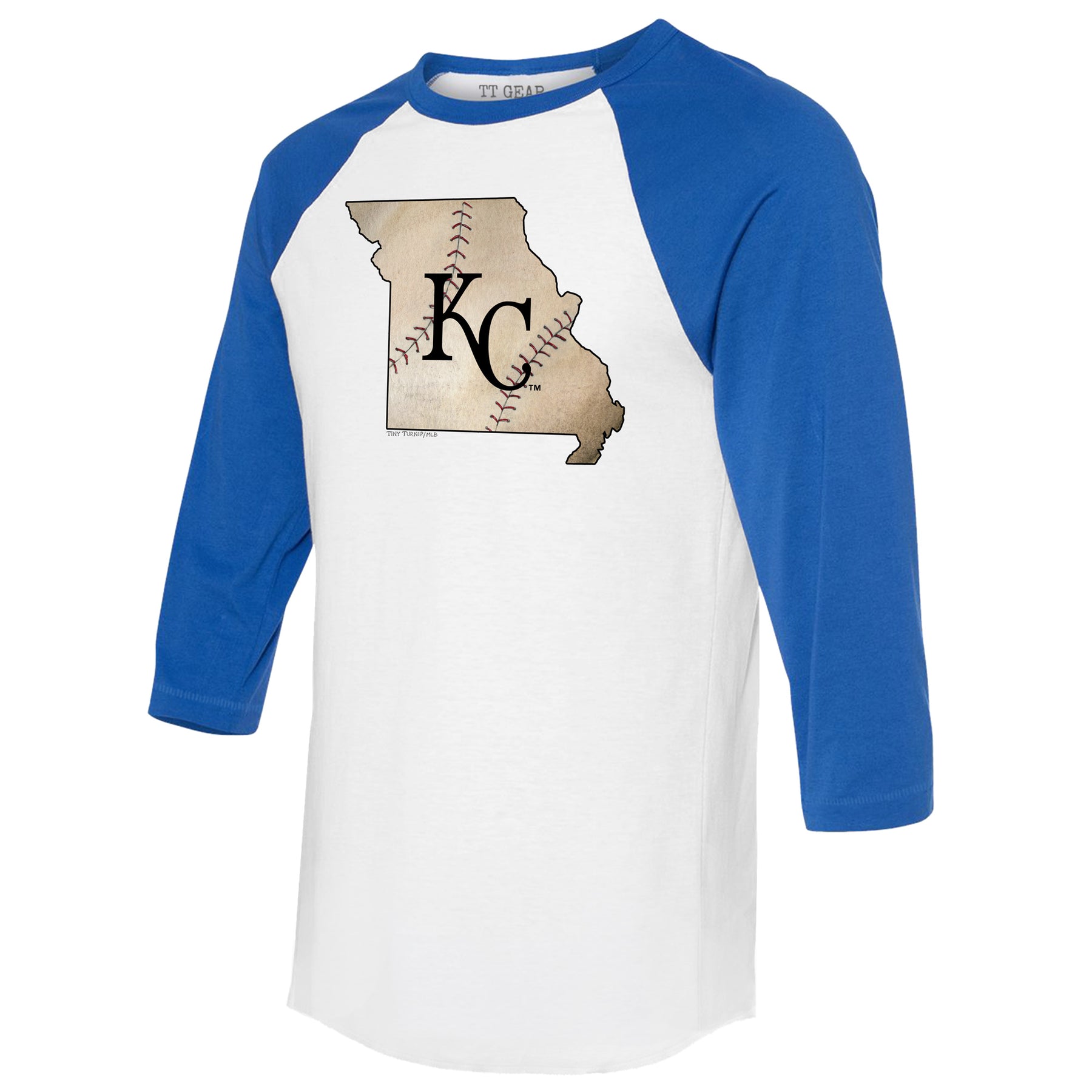 TinyTurnip Kansas City Royals State Outline 3/4 Royal Blue Sleeve Raglan Youth XL (14)