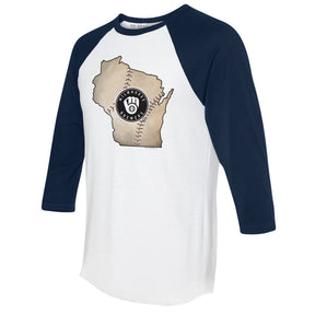 Milwaukee Brewers State Outline 3/4 Navy Blue Sleeve Raglan
