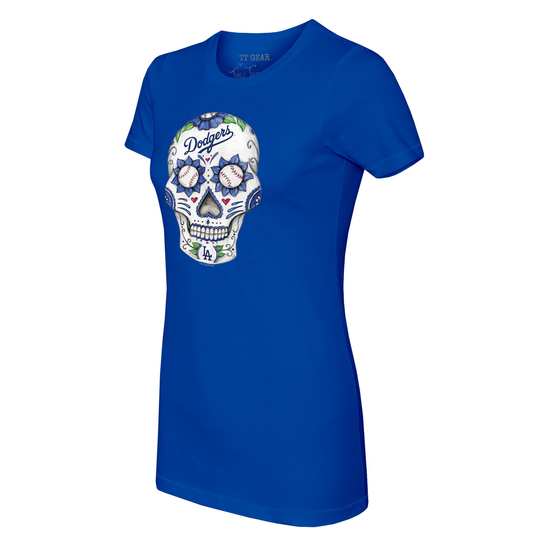 Women's Tiny Turnip White/Black Los Angeles Dodgers Sugar Skull 3/4-Sleeve Raglan T-Shirt