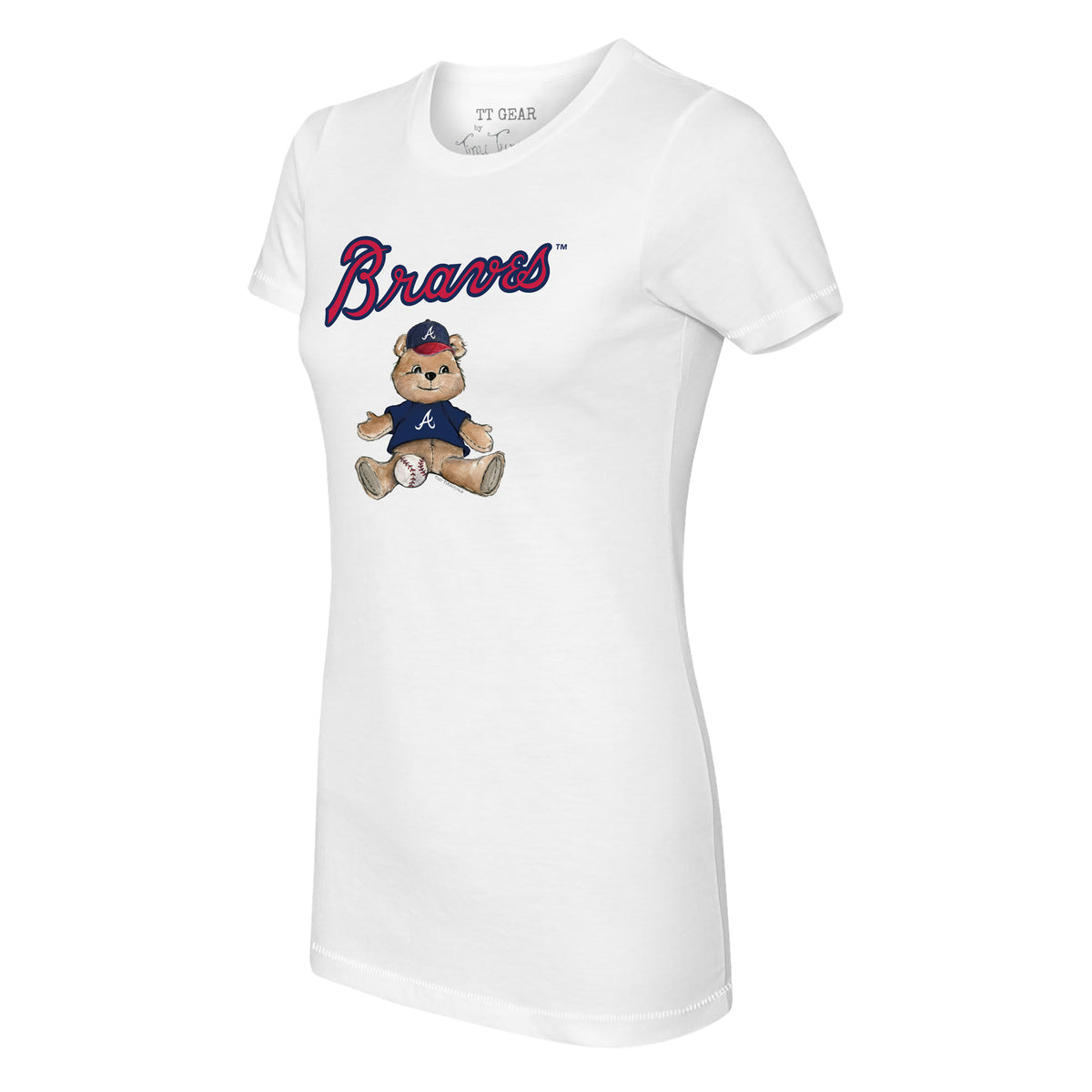 Women's Tiny Turnip White/Navy Atlanta Braves Baseball Cross Bats 3/4-Sleeve Raglan T-Shirt