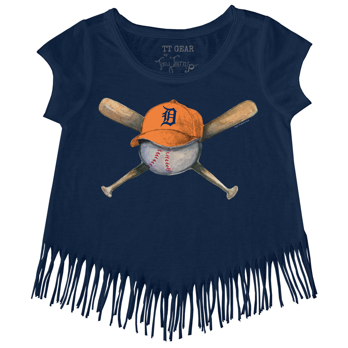 Girls Toddler Tiny Turnip Navy Atlanta Braves Baseball Cross Bats Fringe T-Shirt