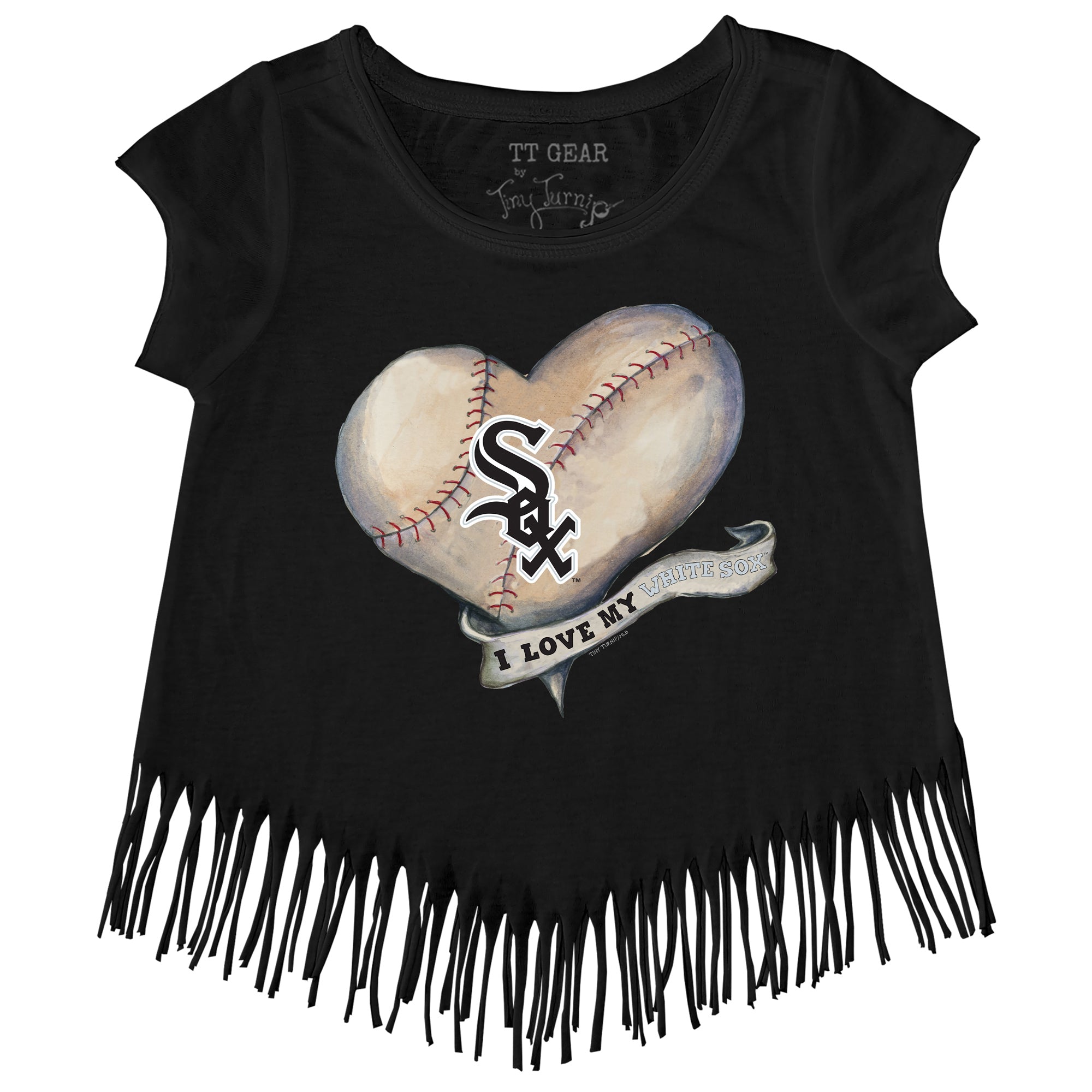 Girls Youth Tiny Turnip Black Chicago White Sox Baseball Flag Fringe T-Shirt Size: Medium