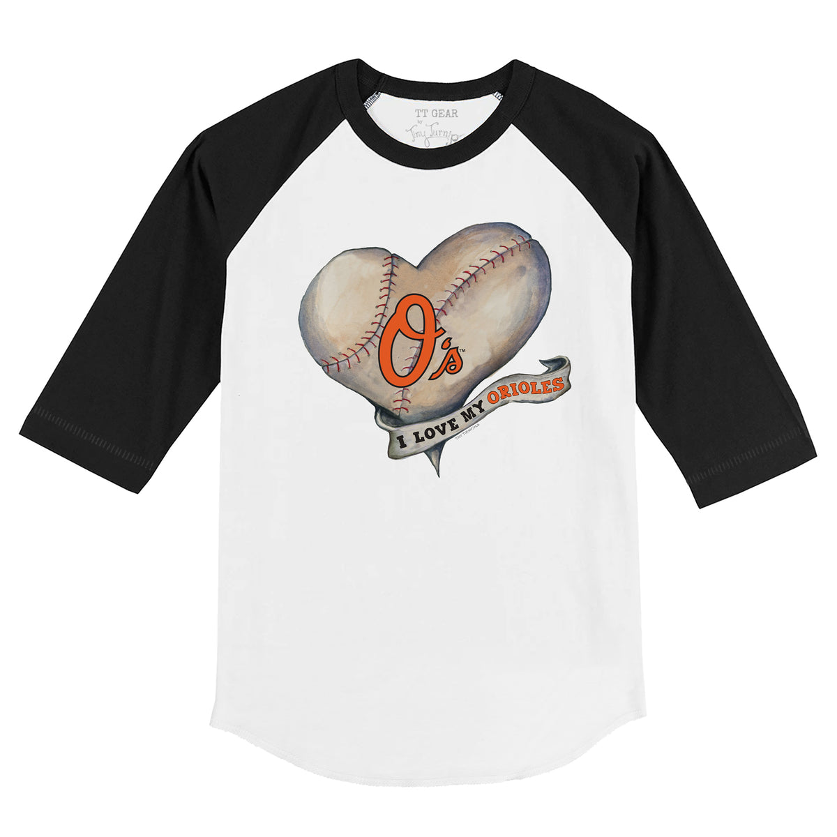 Baltimore Orioles Baseball Heart Banner 3/4 Black Sleeve Raglan