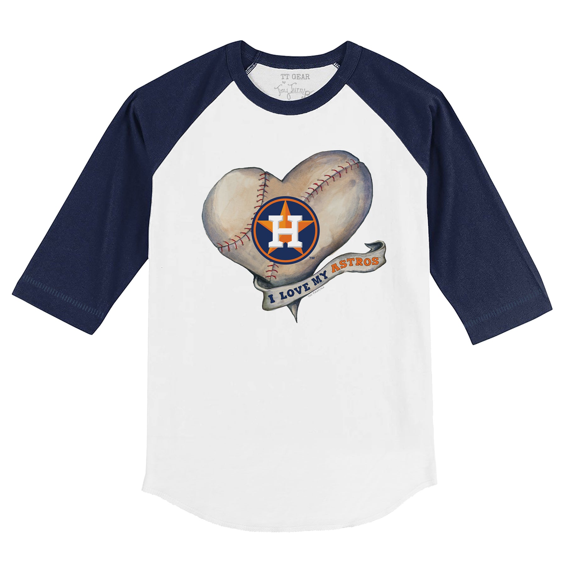 Houston Astros Baseball Heart Banner 3/4 Navy Blue Sleeve Raglan