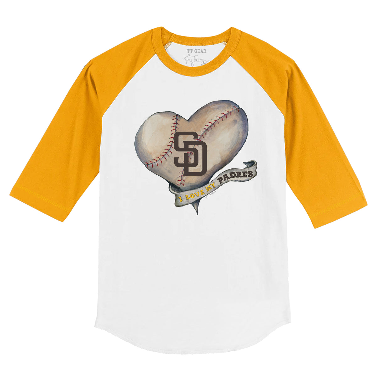 San Diego Padres Baseball Heart Banner 3/4 Gold Sleeve Raglan