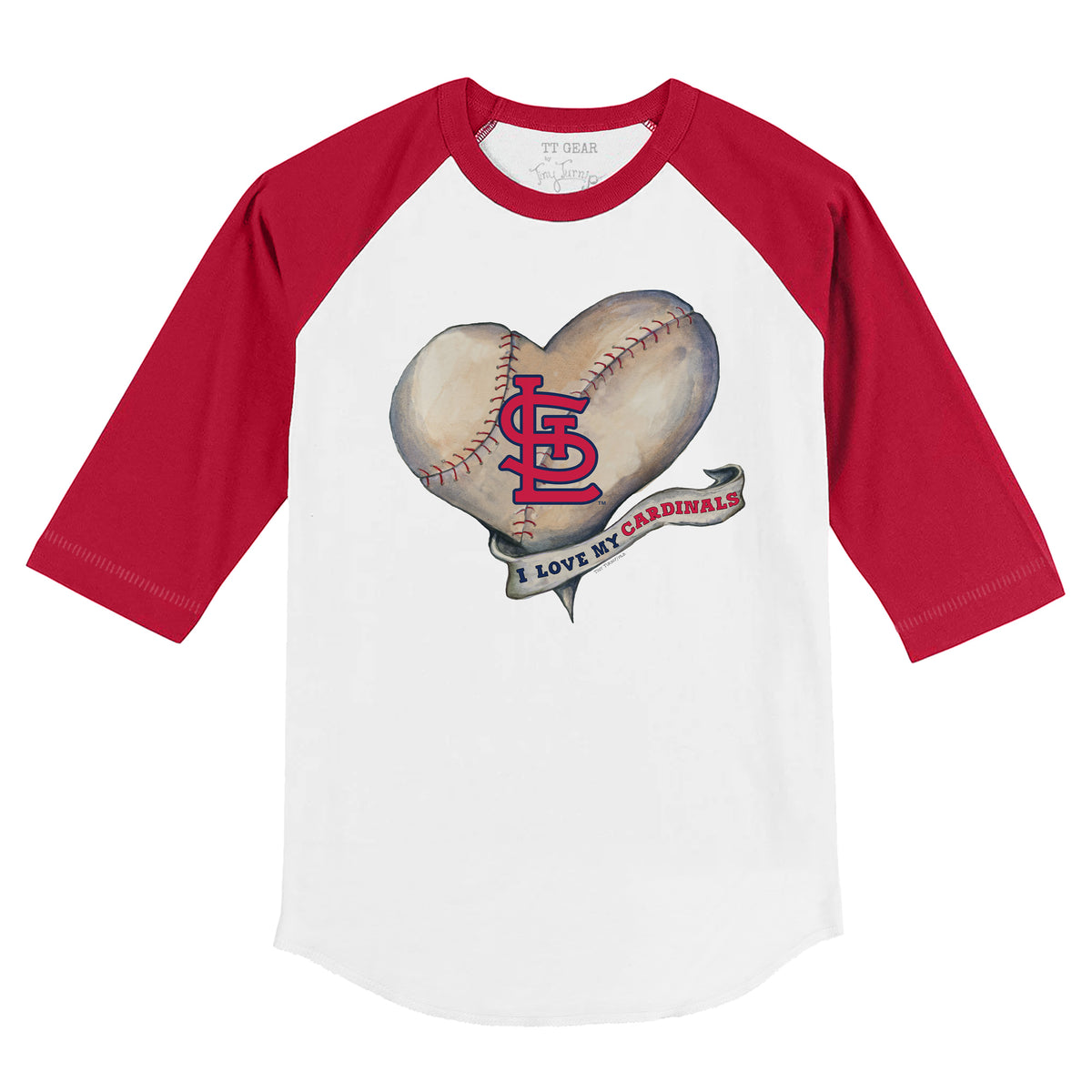 St. Louis Cardinals Baseball Heart Banner 3/4 Red Sleeve Raglan