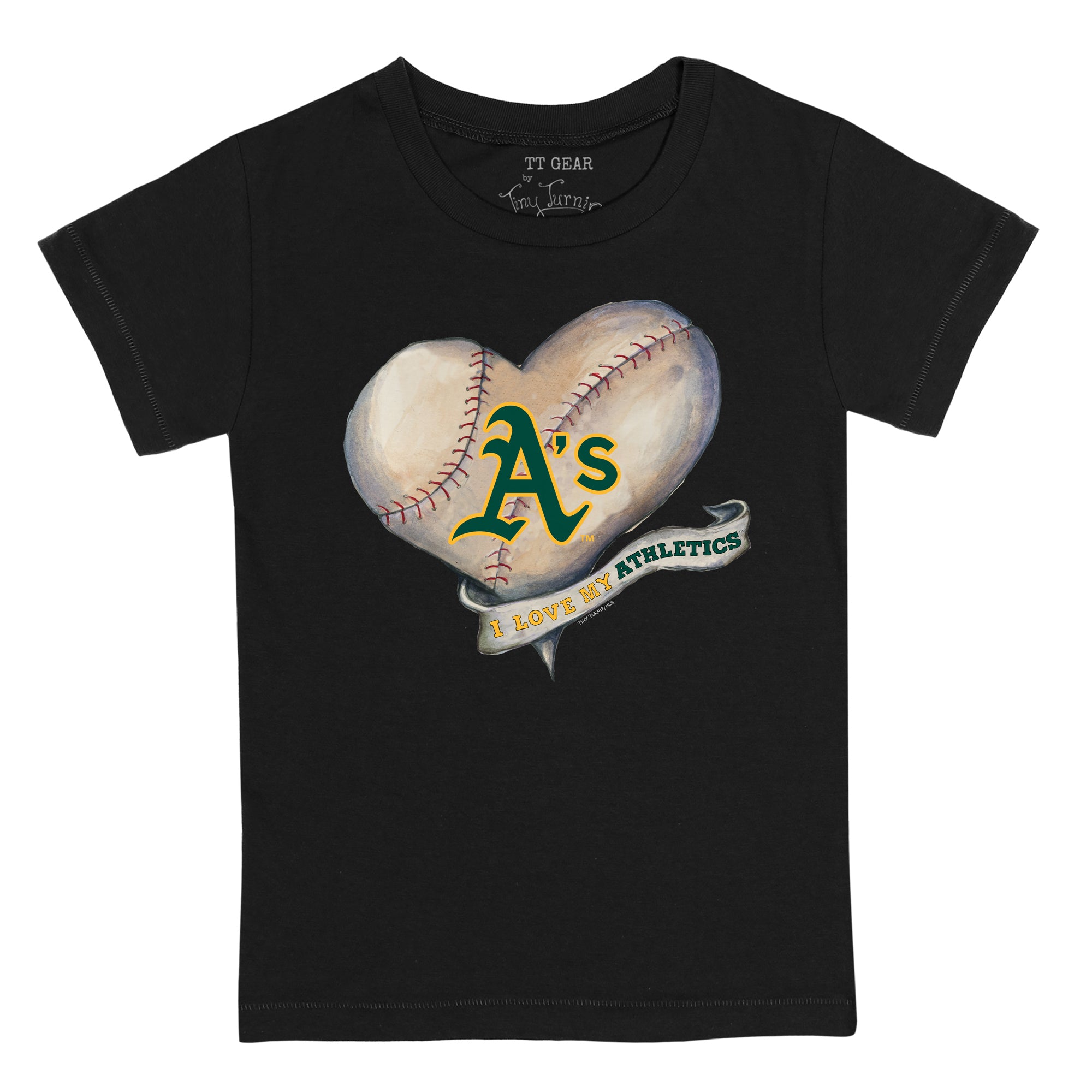 TinyTurnip Oakland Athletics Baseball Heart Banner 3/4 Black Sleeve Raglan Youth Small (6-8)