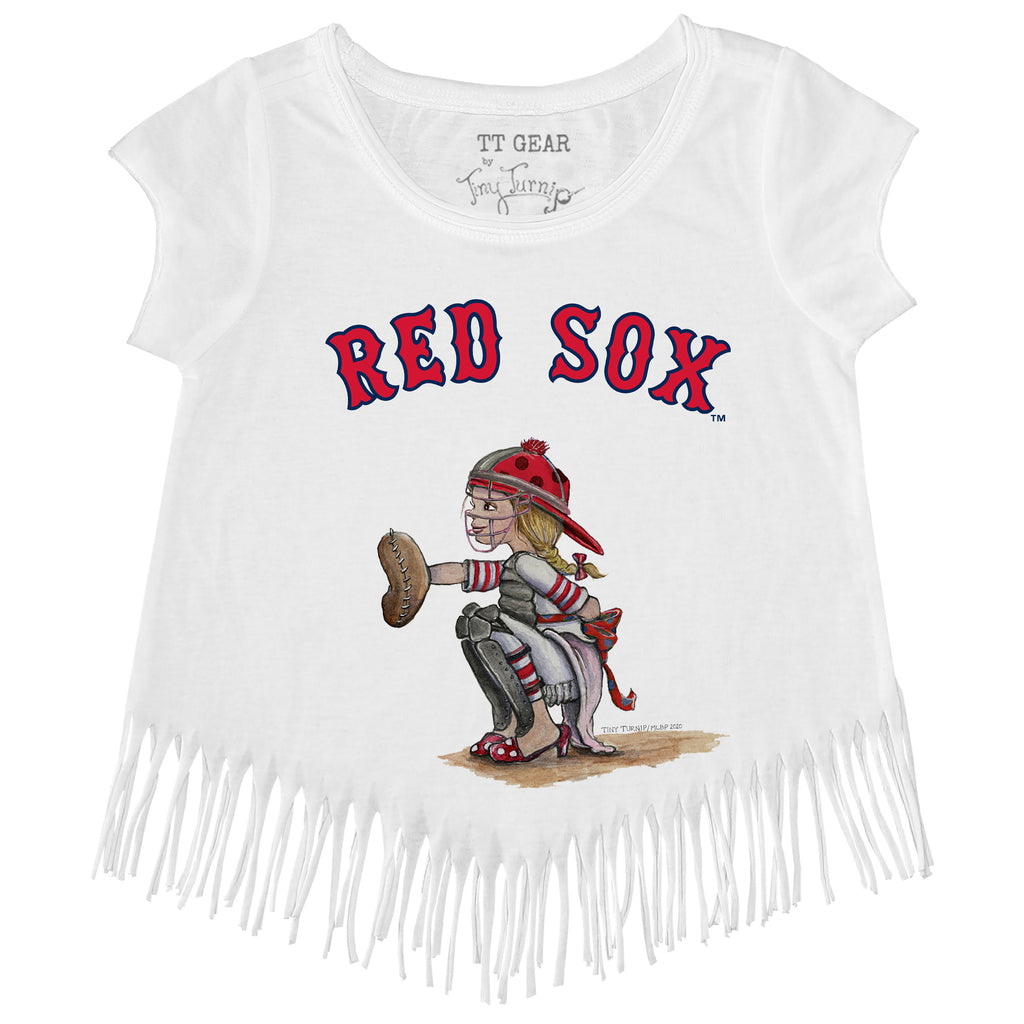 Girls Toddler Tiny Turnip White Boston Red Sox Baseball Bow Fringe T-Shirt