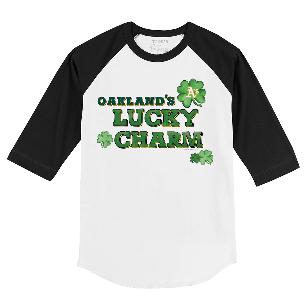 TinyTurnip Oakland Athletics Lucky Charm 3/4 Black Sleeve Raglan Youth Large (10-12)