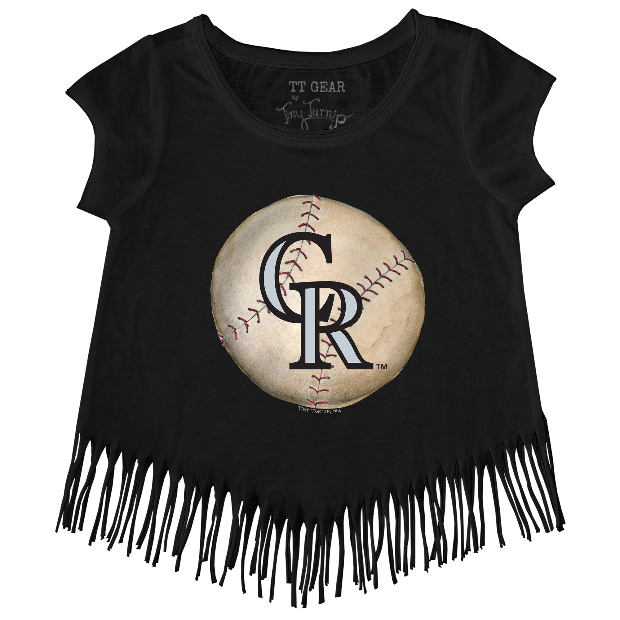 Girls Youth Tiny Turnip Black Colorado Rockies State Outline Fringe T-Shirt Size: Small